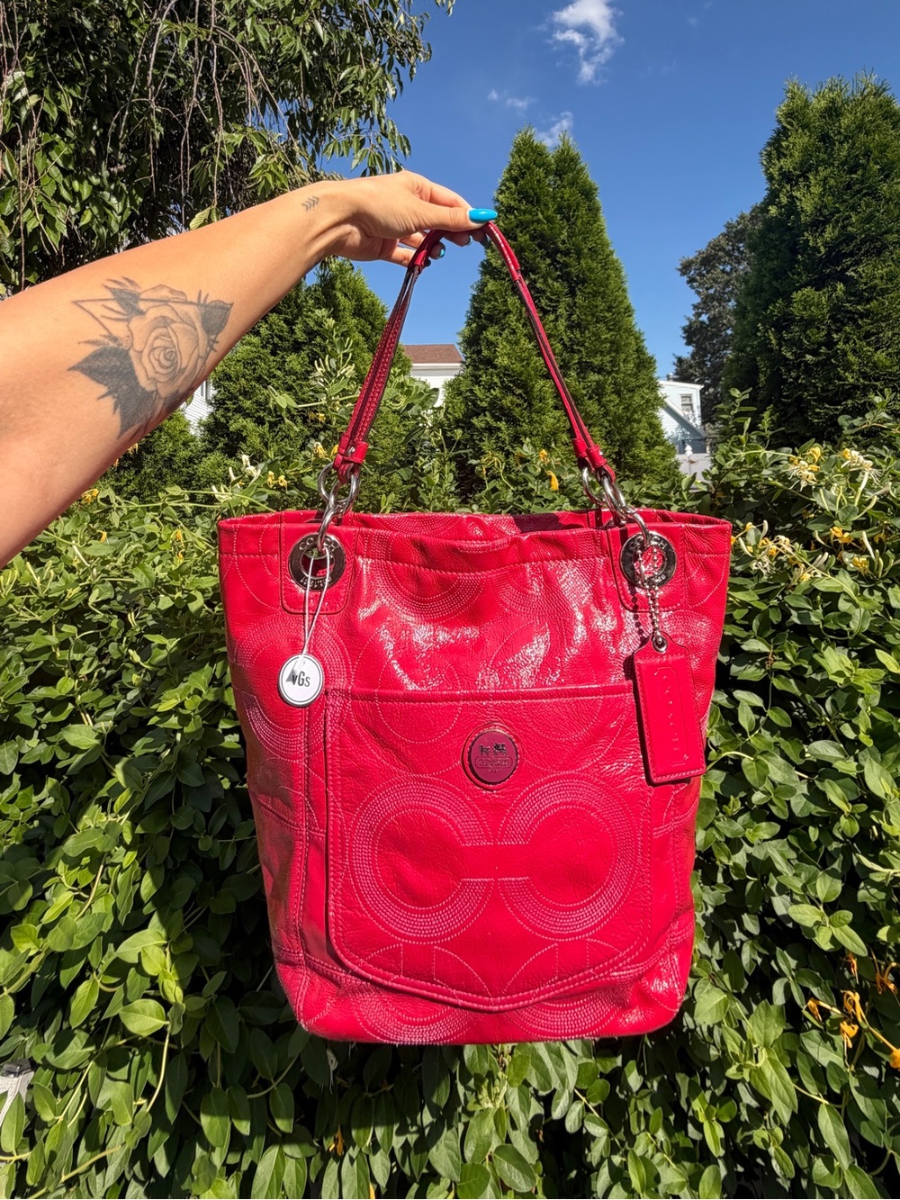 Vintage 2010 Coach Hot Pink Red Patent Leather Tote Bag Y2K Shoulder Purse
